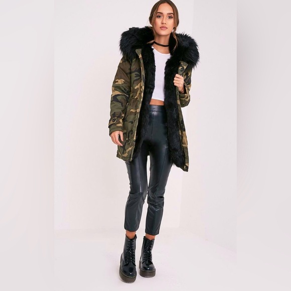 Black Faux Fur Trim Hood Army Camouflage Coat - Picture 4 of 14